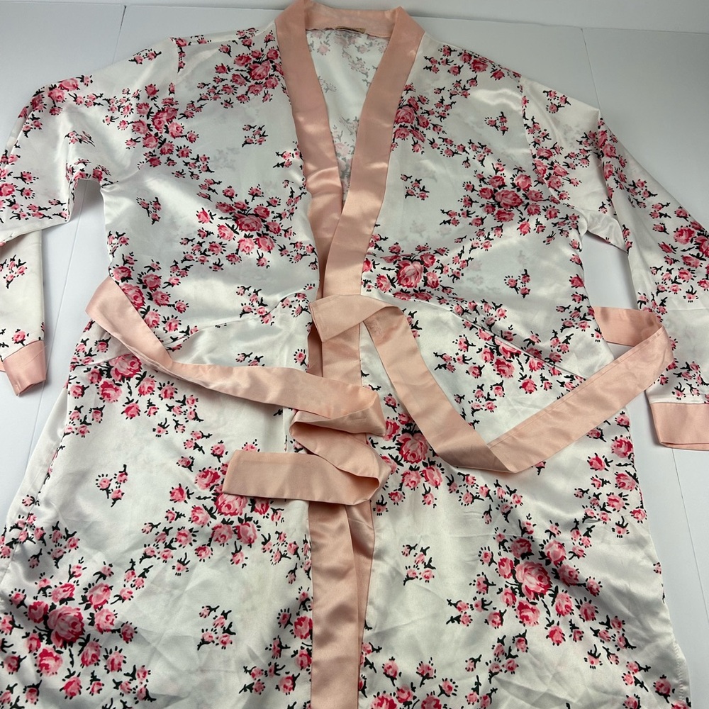 Morgan Lane FitFabFun Pink Floral Satin Kimono Robe Sz Sm/M